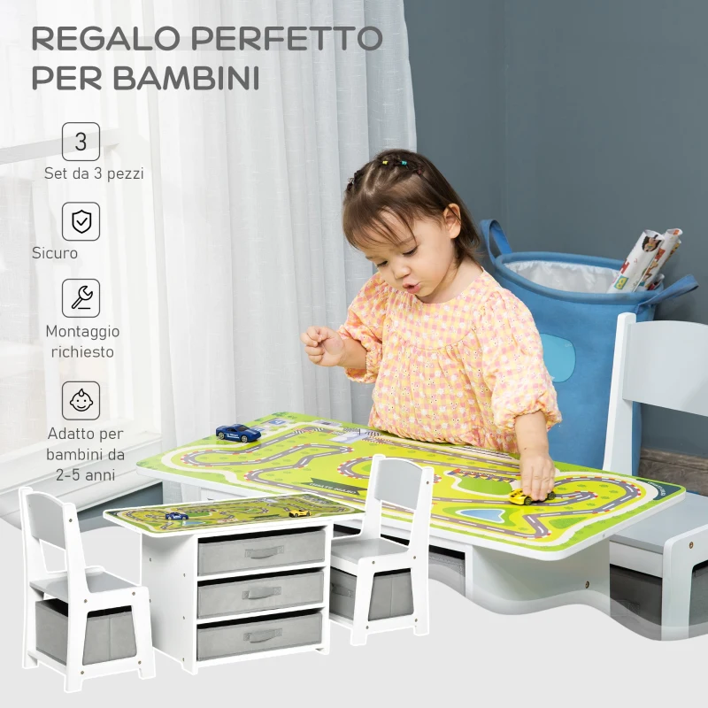 HOMCOM Set Tavolo e 2 Sedie per Bambini con Cassetti, Piano con Pista Macchine e Piano per Costruzioni