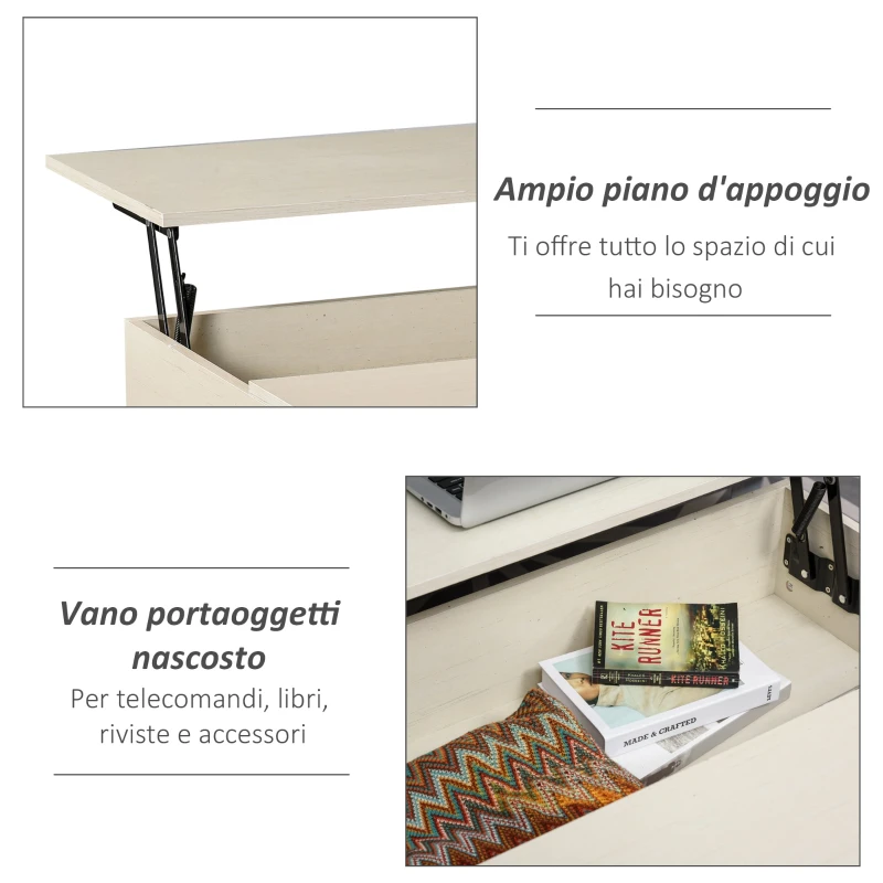 HOMCOM Tavolino Sollevabile da Salotto, Tavolo da Caffè in Legno con Piano Alzabile e Vano Contenitore, 90x60.5x45.5cm