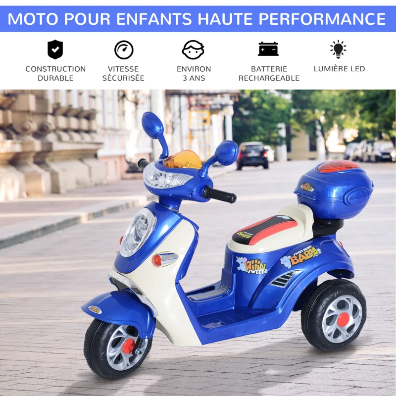 HOMCOM Moto Scooter électrique pour Enfants 6 V env. 3 Km/h 3 Roues et topcase Effet Lumineux et sonore Bleu