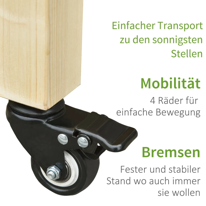 Outsunny Verhoogd bed met wielen plantentafel bloembak met afvoer massief houten vliesstof