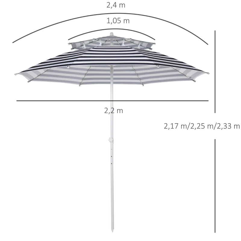 Outsunny Parasol droit octogonal double toit Ø 223 cm tissu polyester haute densité anti-UV hauteur réglable sac de transport inclus bleu blanc