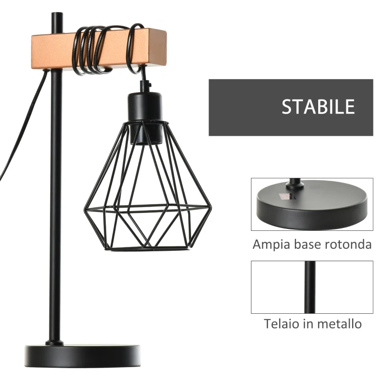 HOMCOM Lampada da Tavolo in Stile Industriale, Lampada da Comodino con Paralume Regolabile in Metallo Nero e Color Legno, 25x15x48cm