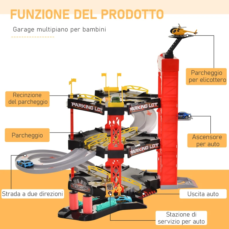 HOMCOM Pista Macchinine su 3 Livelli con 4 Auto 1 Elicottero e Accessori Inclusi per Bambini 3+, Rossa e Nera 62x52x51cm
