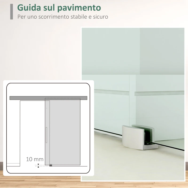 HOMCOM Porta Scorrevole Interna in Vetro Smerigliato e Satinato con Binario B2 e Maniglia per Bagno Cucina Studio Vetro 205x 90x 0,8cm