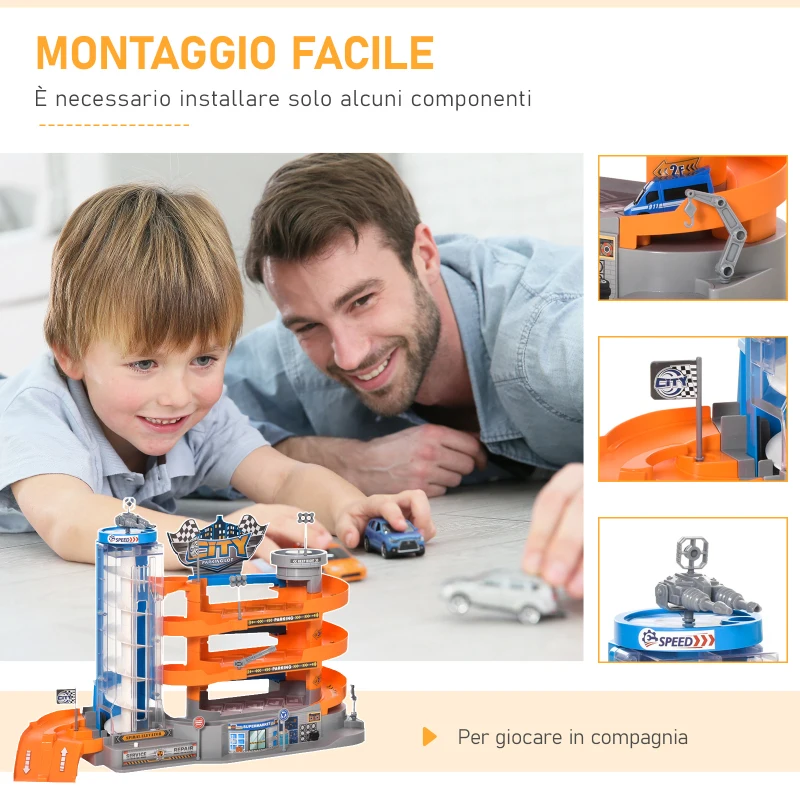 HOMCOM Garage Giocattolo a 3 Livelli con Rampe e Macchinine, Ascensore Manuale o a Batteria, Età 3-6 Anni, 60x22x36cm, Multicolore