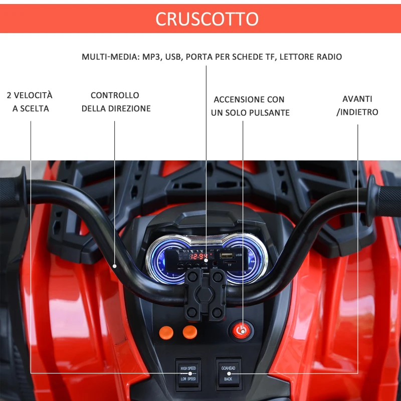 HOMCOM Quad per Bambini Elettrico Batteria 12V 2 Velocità con Luci e Presa USB Ruote Ammortizzate, Rosso, 103.5x69.5x70cm