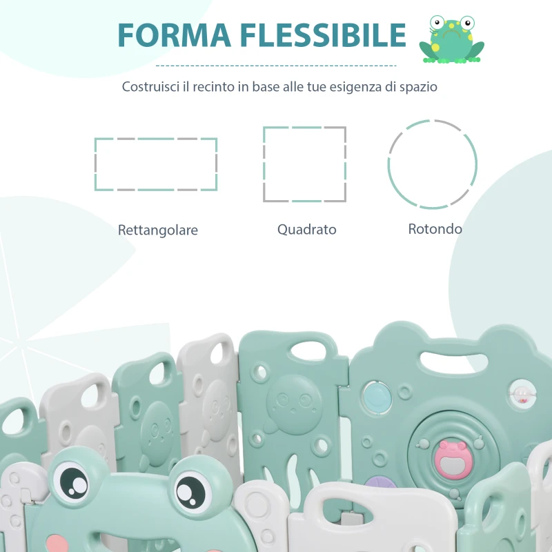 HOMCOM Recinto per Bambini Box Modulare 14 Pezzi, Porta con Blocco e Giochi Integrati, Plastica PP, 154x154x62cm, Verde