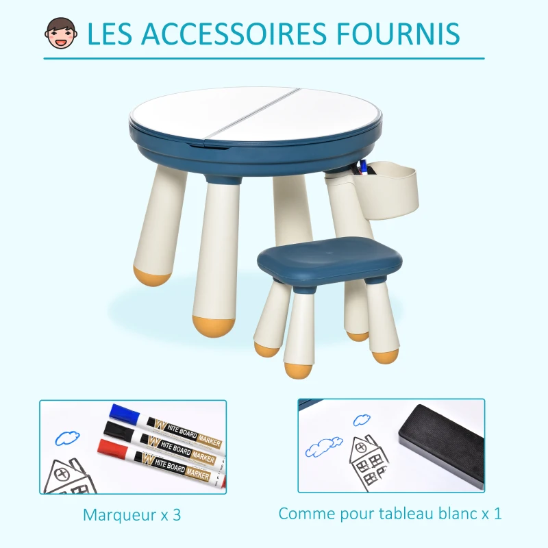 HOMCOM Ensemble table de construction bureau enfant table à dessin 3 en 1 multi-activités pour enfant avec tabouret Ø 63 x 49H cm bleu et blanc