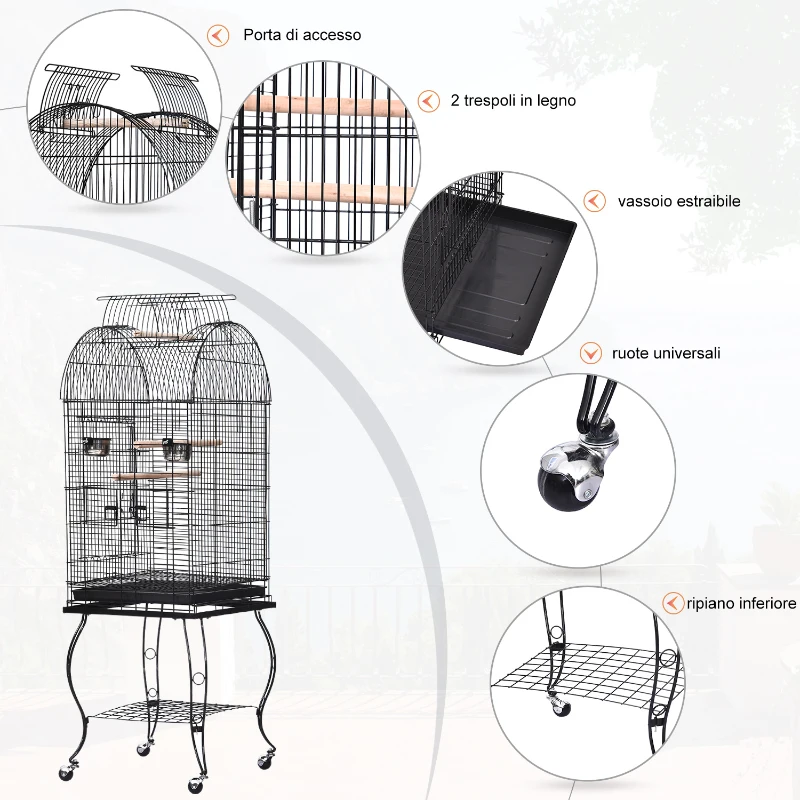 PawHut Gabbia per Uccelli, Canarini e Volatili, Voliera per Pappagallini in Metallo Nero con Ruote 53x53x153cm