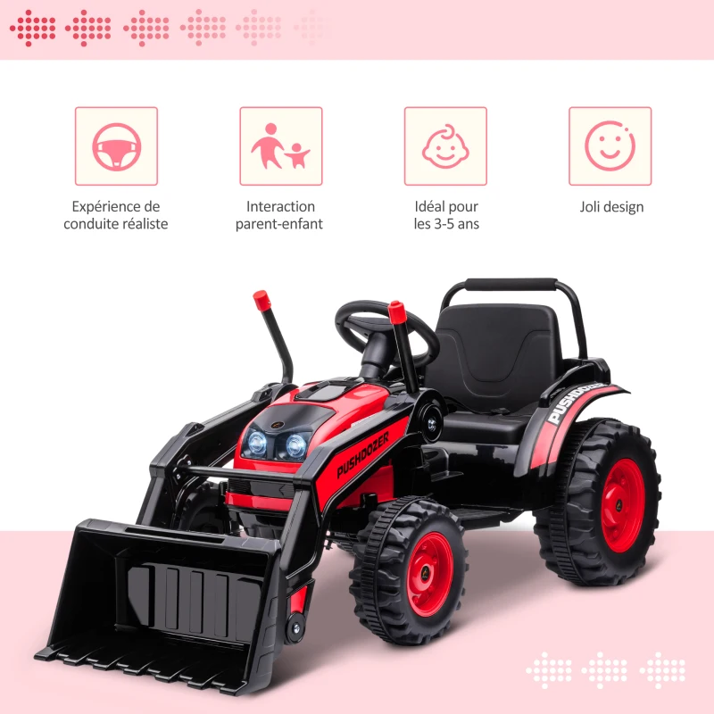 HOMCOM Tracteur électrique Enfant - tractopelle Enfants 6V - V. Max. 2,5 Km/h - Effets Lumineux sonores - Pelle Manuelle - métal PP Noir Rouge