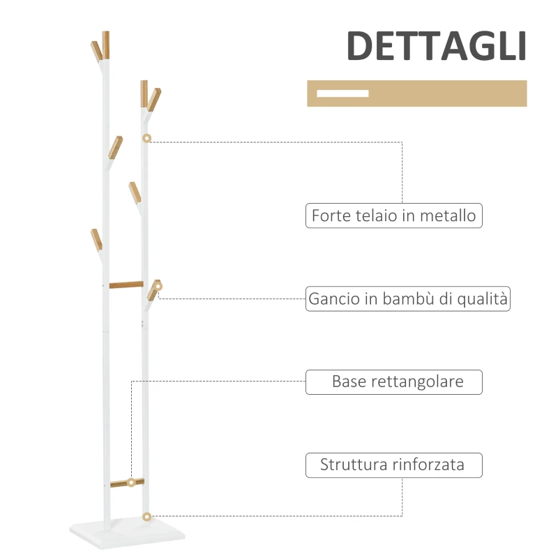 HOMCOM Appendiabiti da Terra Salvaspazio con 8 Braccia e Base Rettangolare in Metallo e Bambù, 34x30x183cm Bianco