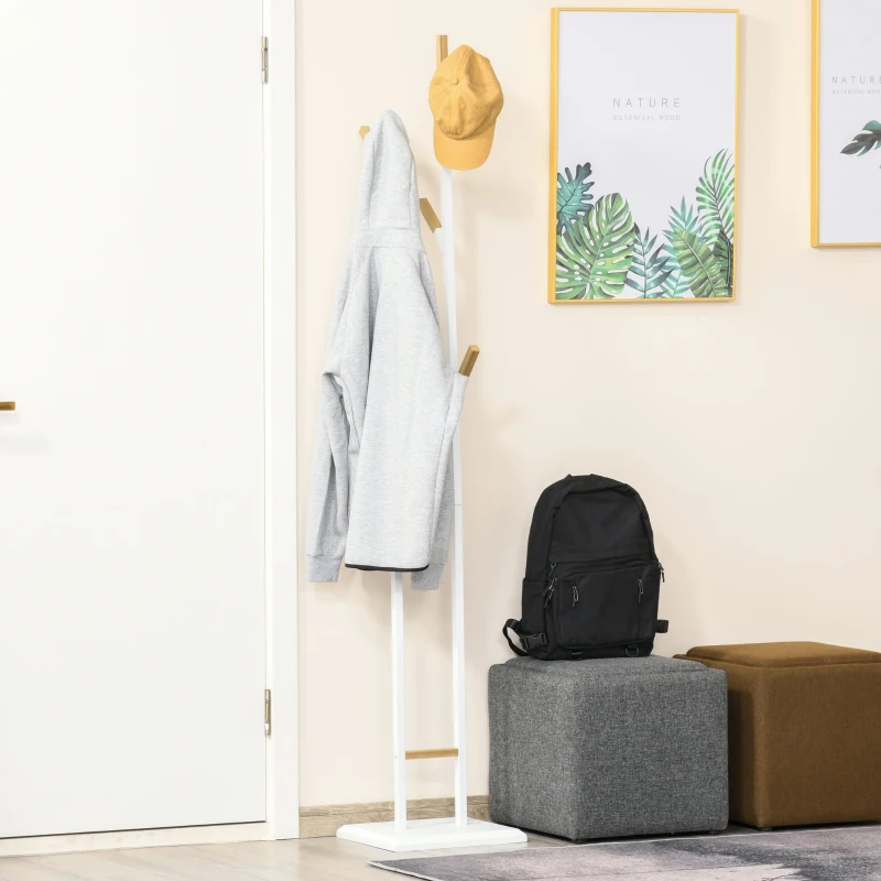 HOMCOM Appendiabiti da Terra Salvaspazio con 8 Braccia e Base Rettangolare in Metallo e Bambù, 34x30x183cm Bianco