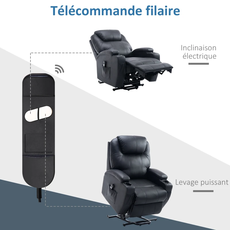 HOMCOM Fauteuil releveur électrique Fauteuil de Relaxation inclinable Repose-Pied relevable Grand Confort télécommande revêtement synthétique Noir