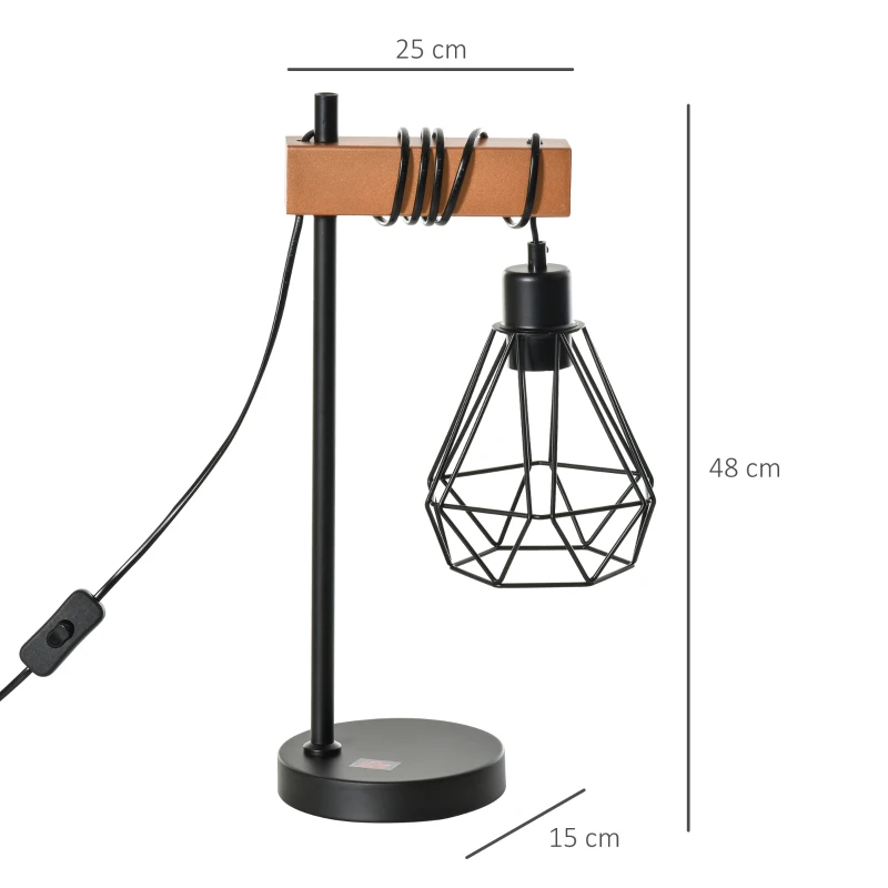 HOMCOM Lampada da Tavolo in Stile Industriale, Lampada da Comodino con Paralume Regolabile in Metallo Nero e Color Legno, 25x15x48cm