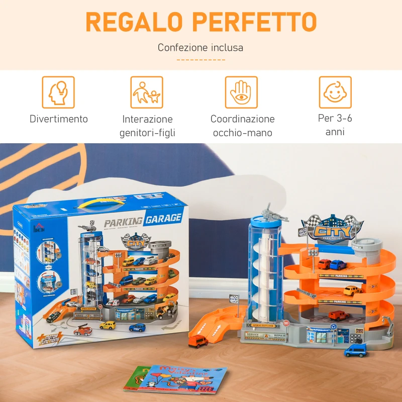 HOMCOM Garage Giocattolo a 3 Livelli con Rampe e Macchinine, Ascensore Manuale o a Batteria, Età 3-6 Anni, 60x22x36cm, Multicolore