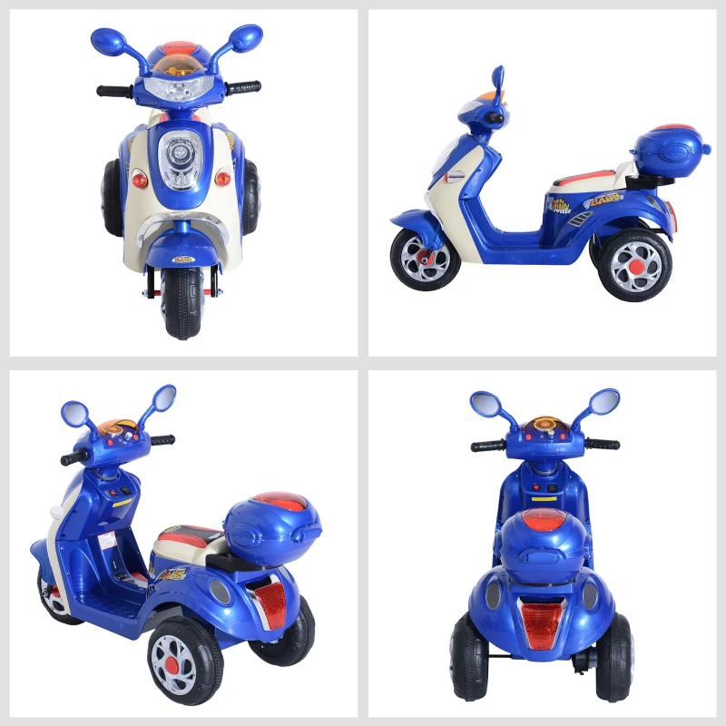 HOMCOM Moto Scooter électrique pour Enfants 6 V env. 3 Km/h 3 Roues et topcase Effet Lumineux et sonore Bleu