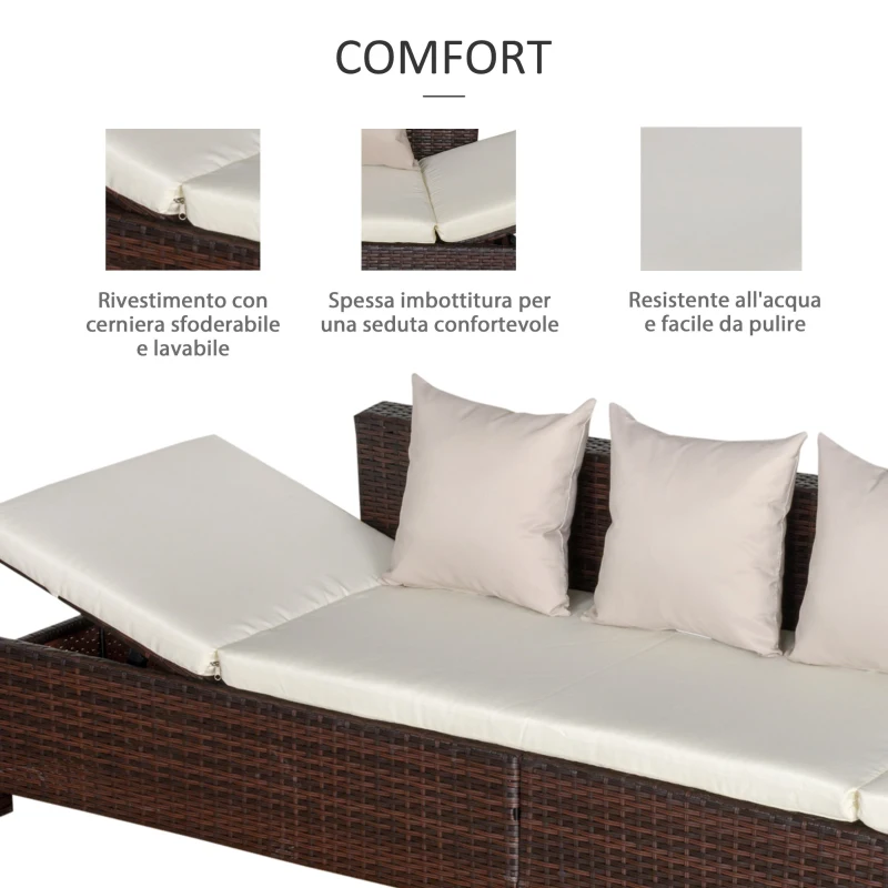 Outsunny Divano da Esterno Convertibile in Rattan Marrone, Salotto Mobile da Giardino con Cuscini Imbottiti, 220x68x62cm