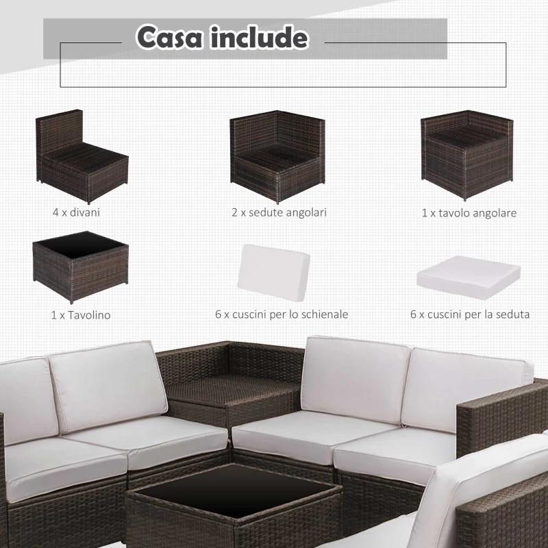 Outsunny Set da Giardino 8 Pezzi con 4 Poltrone, 2 Poltrone Angolari e 2 Tavolini per Giardino in Rattan Marrone