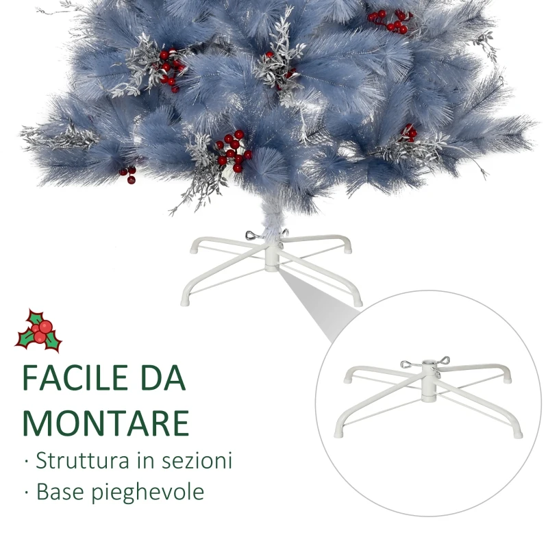 HOMCM Albero di Natale Artificiale 150cm, Albero di Natale Argento con Bacche Rosse, 222 Rami e Base, Grigio