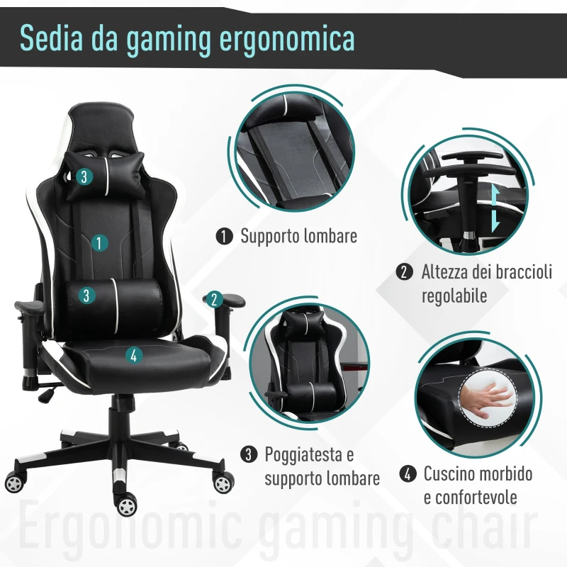Vinsetto Poltrona da Gaming con Altezza Schienale Regolabile, Sedia Ufficio con Poggiatesta e Cuscino Lombare Nera e Bianca