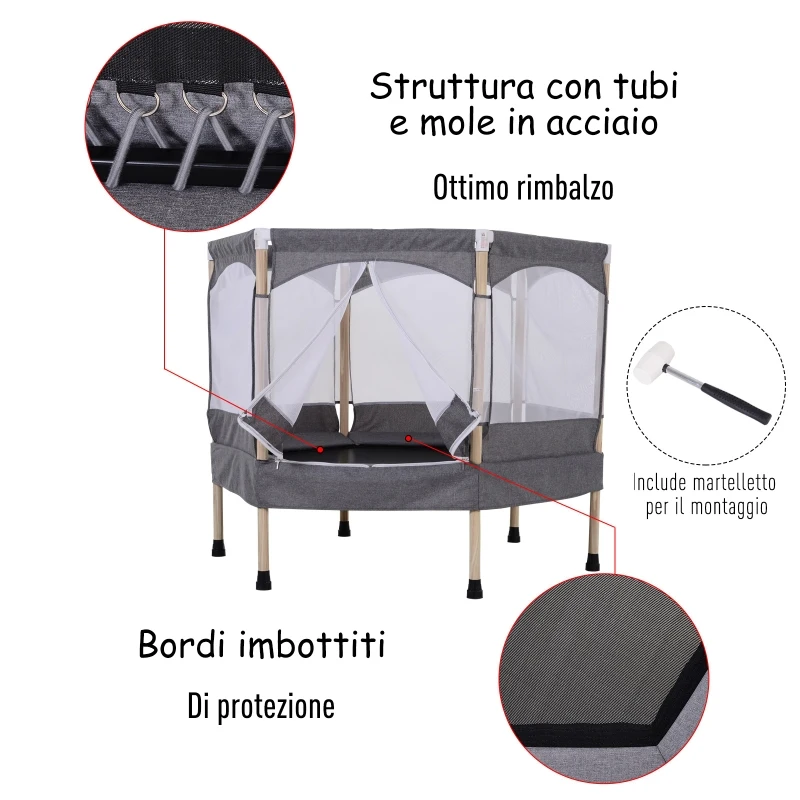 HOMCOM Trampolino Elastico Salvaspazio per Bambini 3-12 Anni (Max. 80kg) con Rete di Protezione, Grigio, 126x109x98cm
