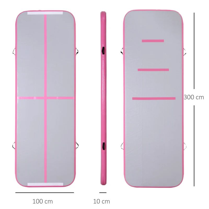 HOMCOM Airtrack tapis de gymnastique gonflable tapis de tumbling entraînement avec pompe à air électrique dim. 300L x 100l x 10H cm tissu stratifié PVC rose