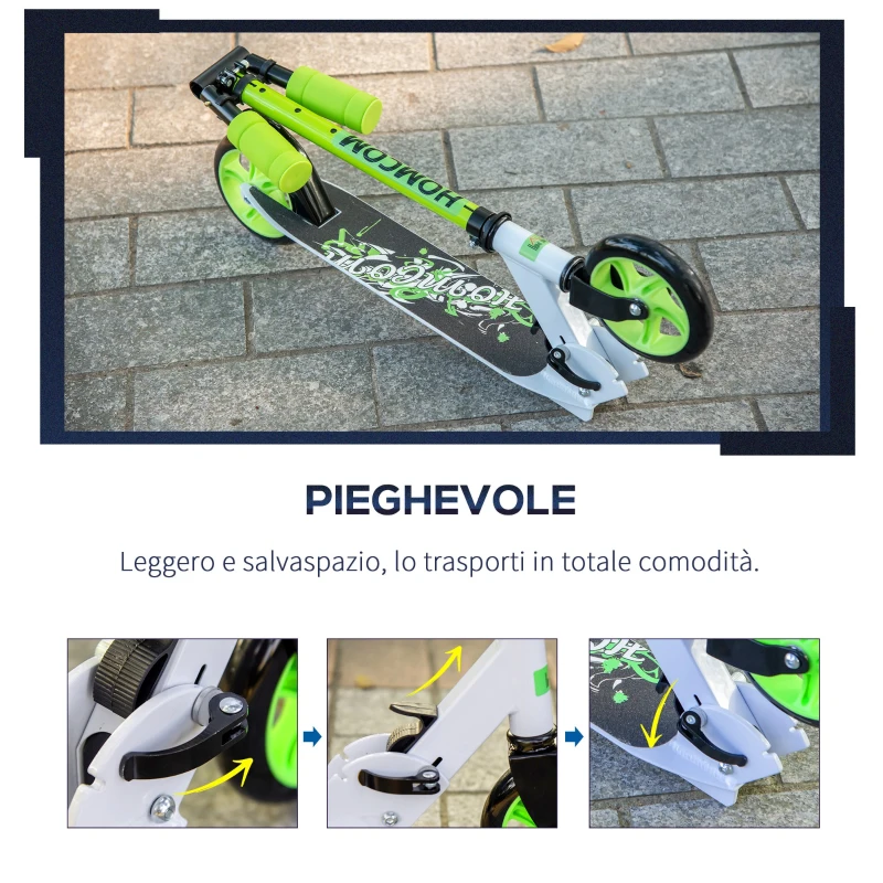 HOMCOM Monopattino Pieghevole per Bambini con Manubrio Regolabile 75-85cm, Alluminio - Verde