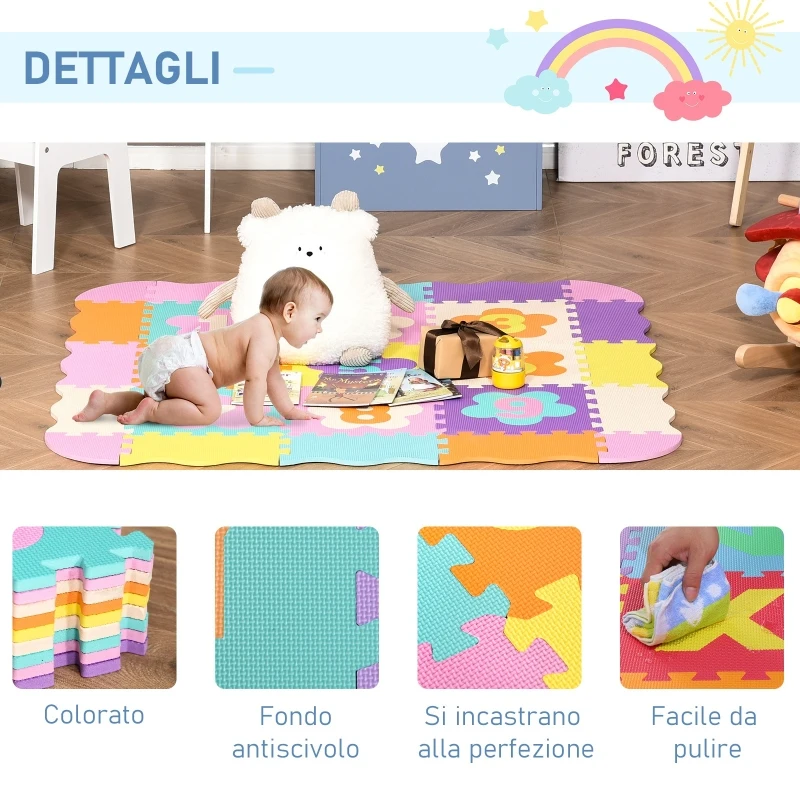 HOMCOM Tappeto Puzzle per Bambini da 25 Pezzi Area Coperta 0.9㎡, Assemblaggio Piatto e 3D a Recinto, Multicolore