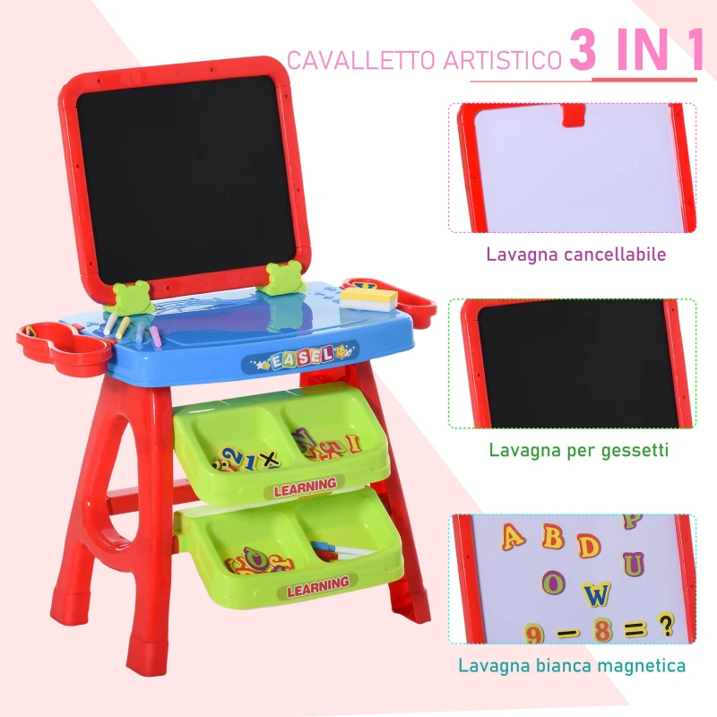 HOMCOM Banco con Lavagna Magnetica per Bambini, Gioco Educativo con Pennarelli, Gessetti e Lettere Magnetiche 3-6 Anni, 56x39.5x74cm