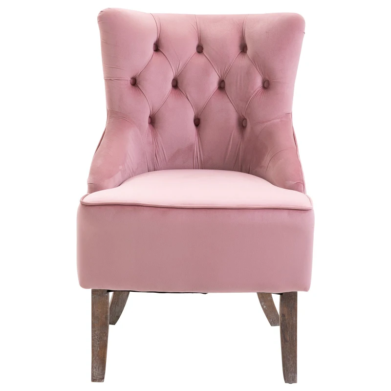 Homcom Poltroncina in Velluto Rosa con Gambe in Legno e Schienale Trapuntato