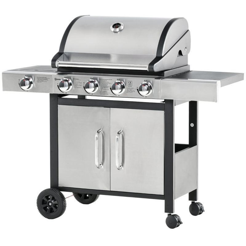 Outsunny Barbecue Gas con Coperchio e 5 Bruciatori Totali da 15.2kW, Termometro, Mensola e 4 Ruote, 128x50x113cm Nero e Acciaio