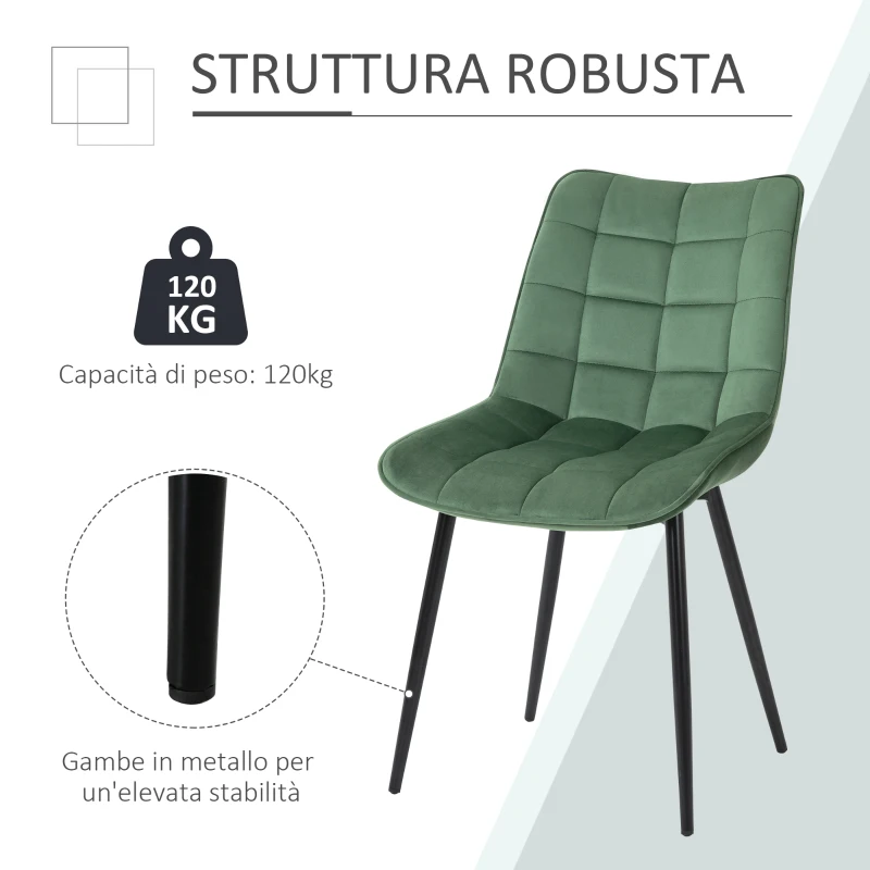 HOMCOM Set 2 Sedie Moderne Imbottite da Salotto e Soggiorno, Stile Nordico Rivestimento in Velluto, Verde, 46x58.5x85.5cm