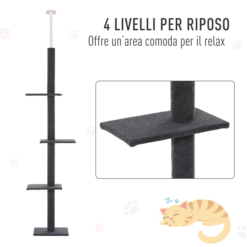 PawHut Albero Tiragraffi per Gatti a 4 Livelli, Fissaggio a Soffitto Regolabile, 43x27x228-260cm