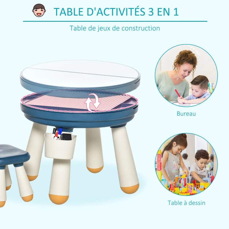 HOMCOM Ensemble table de construction bureau enfant table à dessin 3 en 1 multi-activités pour enfant avec tabouret Ø 63 x 49H cm bleu et blanc