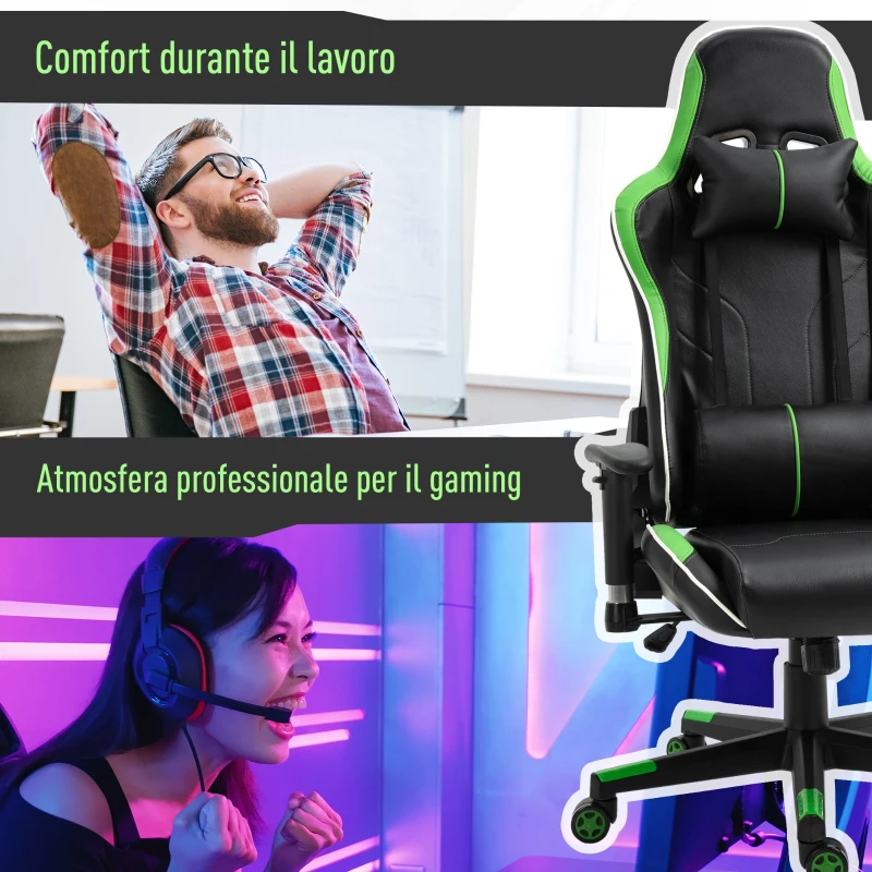 Vinsetto Poltrona da Gaming con Altezza Schienale Regolabile, Sedia Ufficio con Poggiatesta e Cuscino Lombare Nera e Verde