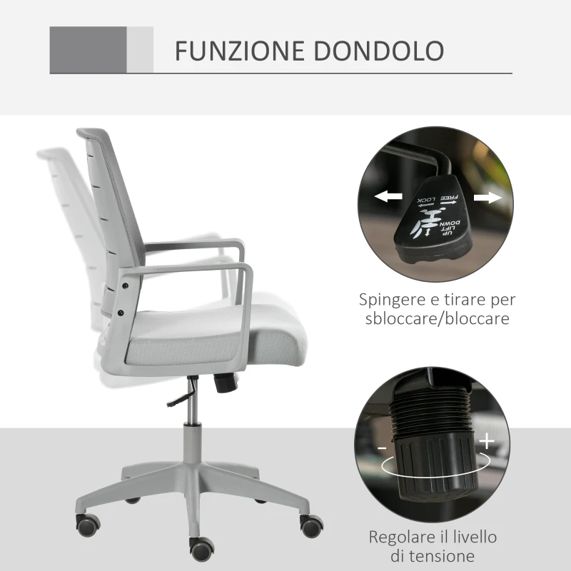 Vinsetto Sedia da Ufficio Ergonomica Girevole con Altezza Regolabile, Ruote e Braccioli, 59x61x95.5-105cm Grigio