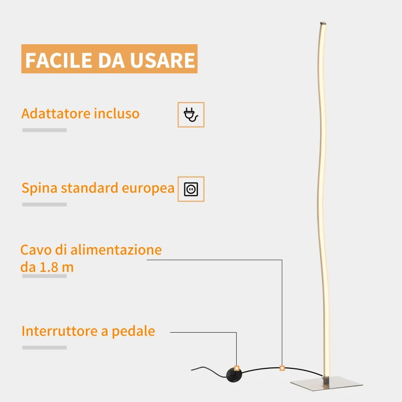 HOMCOM Lampada a Stelo, Lampada da Terra Design, Lampada Piantana con Luci a LED Bianco Caldo, 12W, Argento, 22x22x144cm