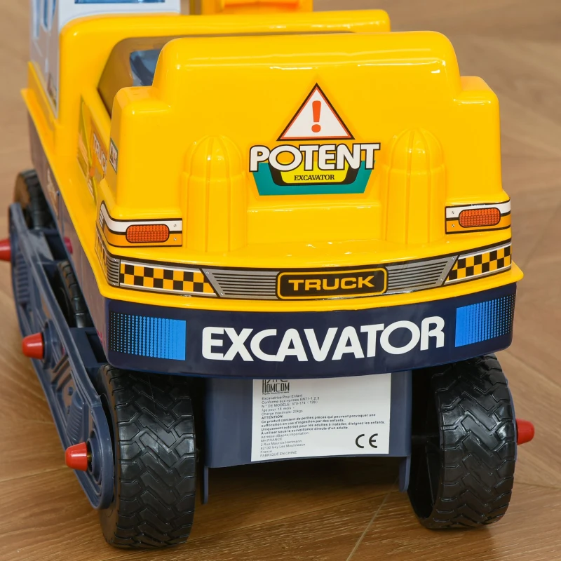 HOMCOM Ruspa Giocattolo con Escavatore Manuale, Seduta Girevole e Casco, Gioco Cavalcabile Bambini 2-3 Anni, 77x26x55cm, Giallo