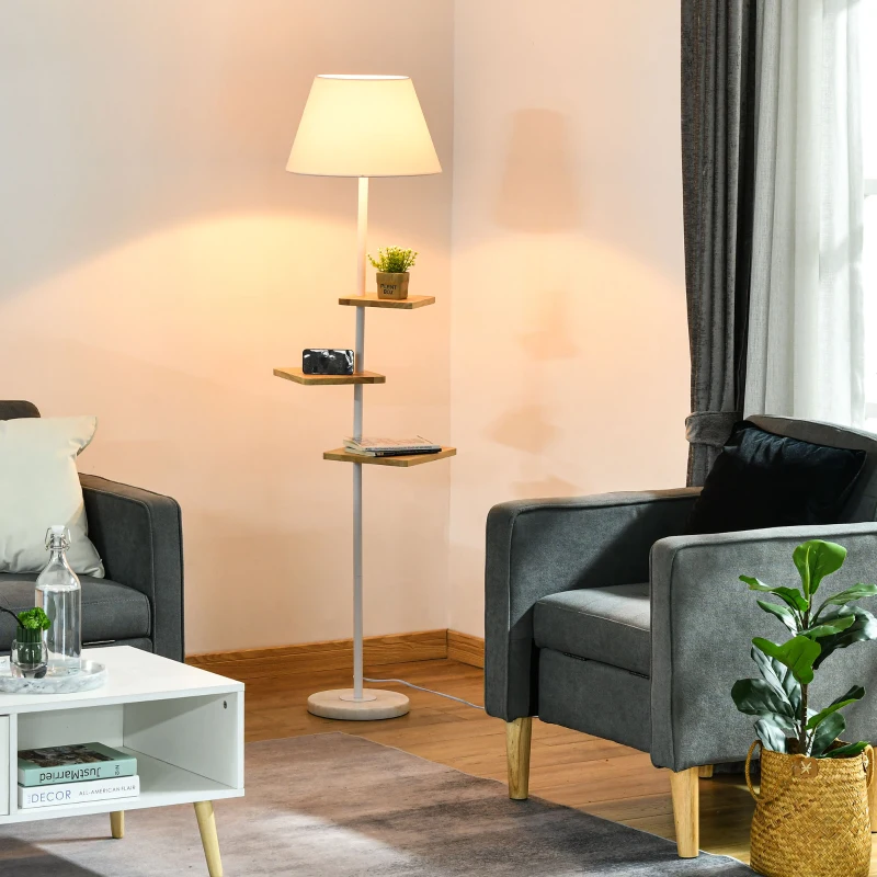 HOMCOM Lampada da Terra con 3 Ripiani Girevoli, Piantana da Terra, con Base in Marmo, Bianca Color Legno, Lampadine E27, 38x38x155cm