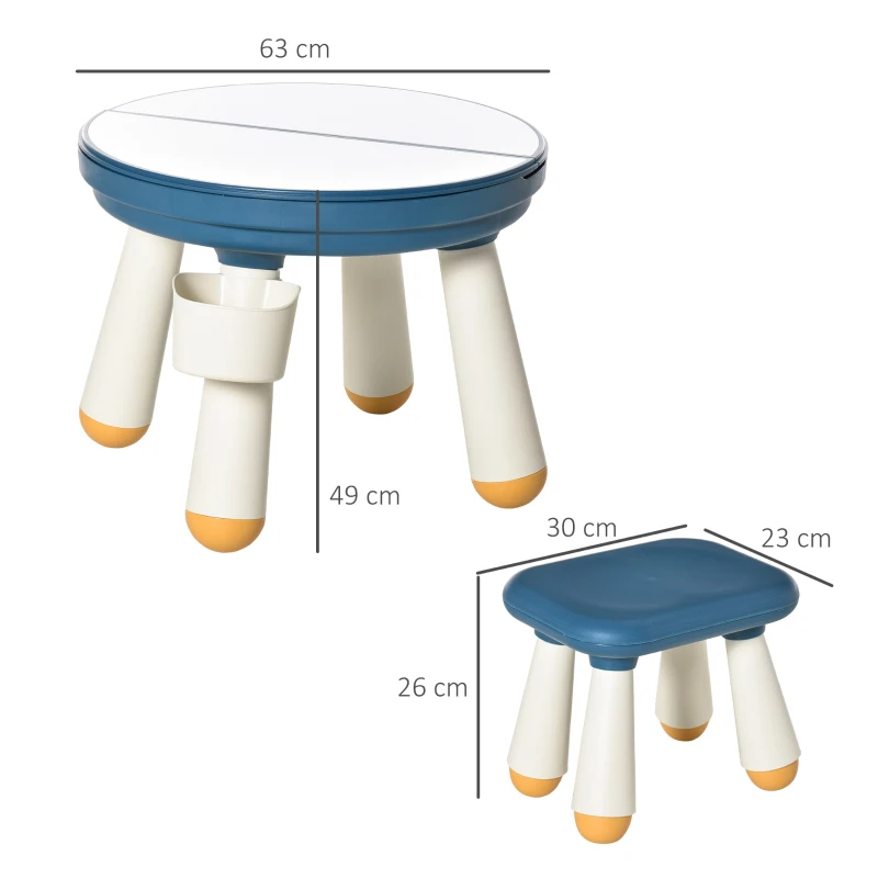 HOMCOM Ensemble table de construction bureau enfant table à dessin 3 en 1 multi-activités pour enfant avec tabouret Ø 63 x 49H cm bleu et blanc