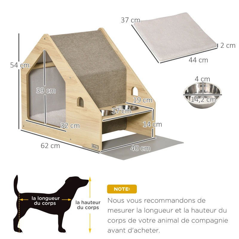 PawHut Niche à Chien et Chat Maison pour Chien et Chat d'intérieur Design avec Deux gamelles et Coussin Amovible - Beige