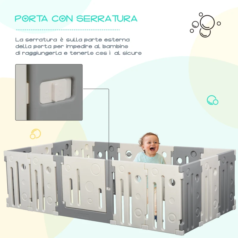 HOMCOM Recinto Box per Bambini +6Mesi da 16 Pezzi con Struttura a Incastro, Serratura e Giochi, Grigio e Bianco 190x150x64cm