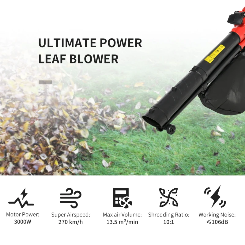 Outsunny Soffiatore Aspiratore Elettrico 3 in 1 con Trituratore, Sacco di Raccolta 45L, Tracolla e Ruote, 3000W, 270km/h, 118x17x34cm, Rosso