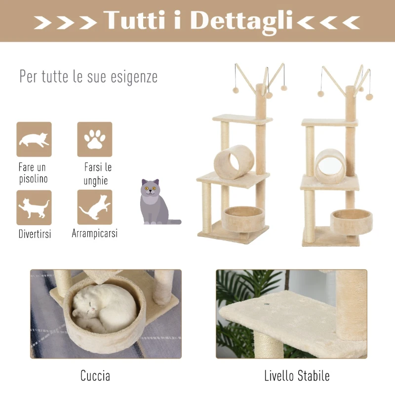 PawHut 121cm Tiragraffi per Gatti in Peluche Multi-attività con Amaca Condo Beige