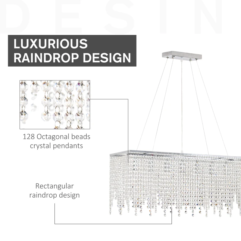 HOMCOM Lampadario Moderno a Gocce, 128 Pendenti in Cristallo e Base in Metallo, 7 Attacchi E14 40W, 80x20x130cm Argento