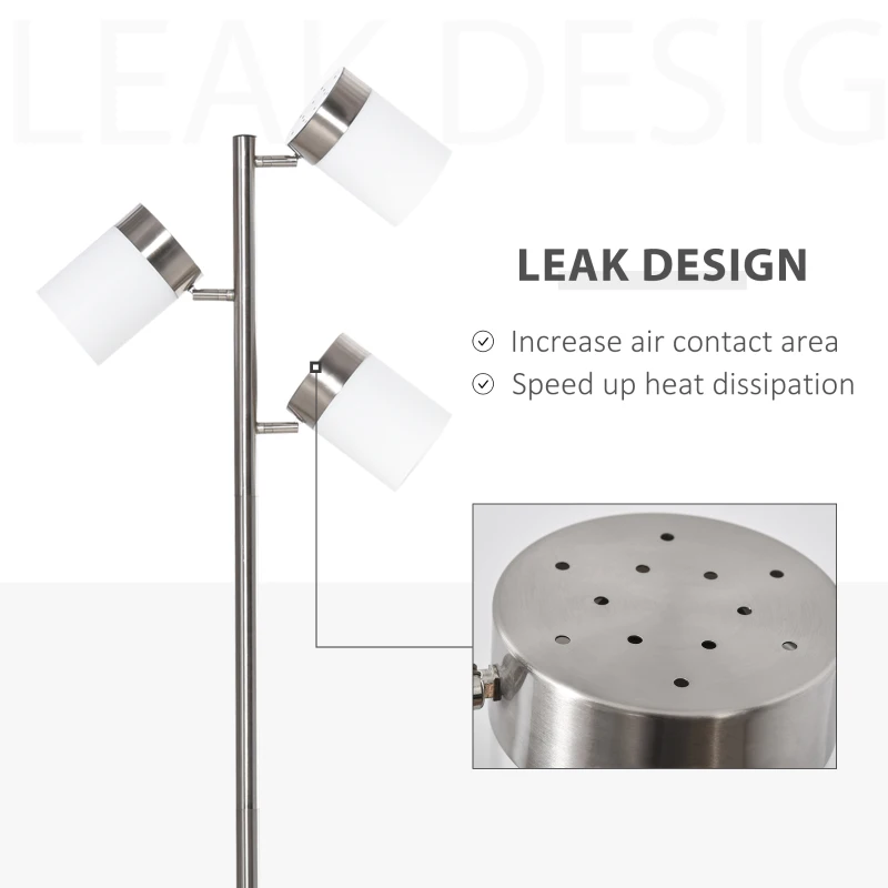 HOMCOM Lampada da Terra Moderna con 3 Paralumi Regolabili in Vetro, Piantana da Terra Design in Metallo, 38-52x25x165cm, Argento