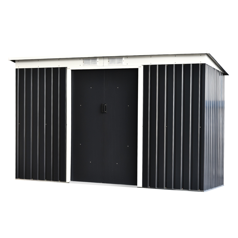 Outsunny Casetta da Giardino Porta Utensili in Lamiera di Acciaio, Capanno da Giardino in Acciaio con Porte Scorrevoli, 280x130x172cm, Grigio-Nero