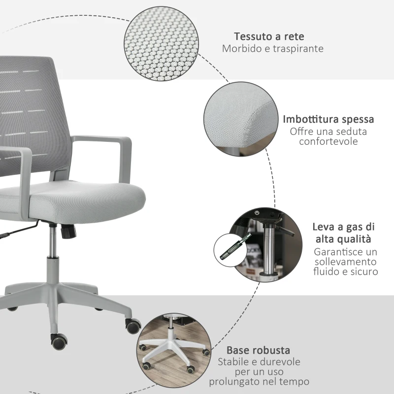 Vinsetto Sedia da Ufficio Ergonomica Girevole con Altezza Regolabile, Ruote e Braccioli, 59x61x95.5-105cm Grigio