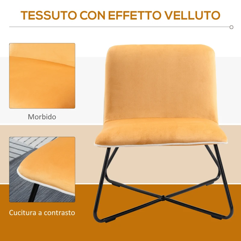 HOMCOM Poltrona in Velluto Stile Nordico Senza Braccioli, Poltroncina da Camera con Base in Metallo Incrociata, 55x69x68cm, Giallo