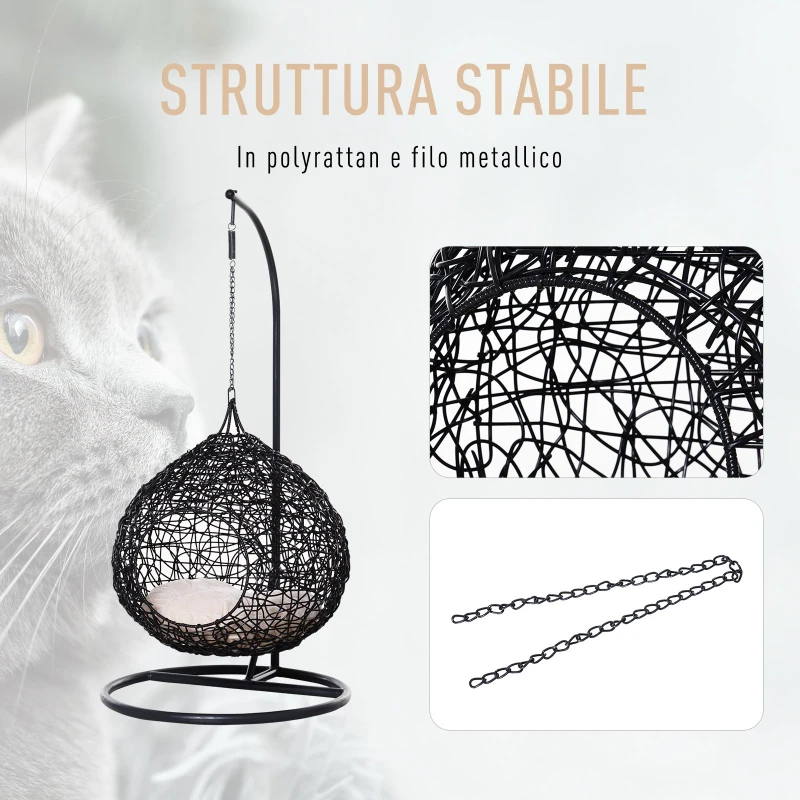 PawHut Amaca per Gatti in Rattan, Cuccia con Cuscino Incluso in Felpa e Cotone per Animali (Φ60 x 110cm)